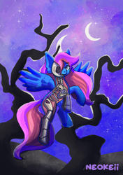 Size: 1748x2480 | Tagged: safe, artist:neokeii_, oc, oc only, pegasus, pony, bone, dissectibles, eyebrows, eyebrows visible through hair, female, flying, mare, multiple moons, skeleton, solo, zine:my little fanzine