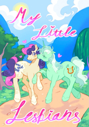 Size: 873x1239 | Tagged: safe, artist:sgwizard, bon bon, lyra heartstrings, sweetie drops, earth pony, pony, unicorn, g4, cheek kiss, duo, female, floating heart, heart, horn, kissing, lesbian, mare, ship:lyrabon, shipping, unshorn fetlocks, zine:my little fanzine