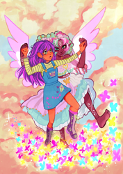 Size: 2232x3158 | Tagged: safe, artist:salty.cactuss, princess celestia, twilight sparkle, butterfly, human, g4, barefoot, bracelet, clothes, cloud, dark skin, dress, duo, elf ears, feet, female, humanized, jewelry, on a cloud, winged humanization, wings, zine:my little fanzine