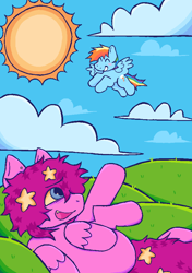 Size: 636x904 | Tagged: safe, artist:silly_little_shark, rainbow dash, oc, pegasus, pony, g4, duo, female, flying, mare, scenery, smiling, snaggletooth, sun, zine:my little fanzine