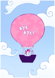 Size: 1748x2480 | Tagged: safe, artist:raineydayes, oc, oc only, pony, unicorn, cloud, goodbye, horn, hot air balloon, solo, zine:my little fanzine