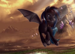 Size: 1988x1443 | Tagged: safe, artist:zilvart, oc, oc only, bat pony, pony, bat wings, flying, outdoors, solo, spread wings, wings