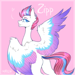 Size: 2000x2000 | Tagged: safe, artist:march, zipp storm, pegasus, pony, g5, colored wings, colored wingtips, female, floating heart, heart, mare, pink background, simple background, smiling, solo, wings