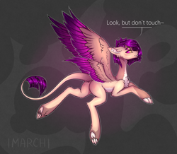 Size: 1782x1555 | Tagged: safe, artist:march, oc, oc only, pegasus, pony, abstract background, butt, chest fluff, claws, dialogue, ear fluff, featureless crotch, leonine tail, looking at you, looking back, looking back at you, lying down, multiple eyes, multiple wings, paws, plot, prone, smiling, tail, wings