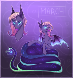 Size: 2500x2649 | Tagged: safe, artist:march, oc, oc only, lamia, original species, pony, abstract background, bat wings, coat markings, ear tufts, facial markings, fangs, floating heart, forked tongue, heart, partially open wings, solo, star (coat marking), starry eyes, wingding eyes, wings