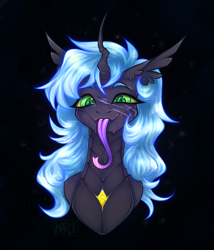 Size: 3000x3500 | Tagged: safe, artist:march, oc, oc only, changeling, black background, bust, cute, eye clipping through hair, female, forked tongue, looking at you, portrait, scar, simple background, slit pupils, smiling, solo, tongue out