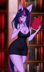 Size: 3046x5000 | Tagged: safe, artist:kutoshi, twilight sparkle, unicorn, anthro, unguligrade anthro, g4, beautiful, book, clothes, cute, dress, female, glasses, horn, library, looking at you, solo, standing, twiabetes