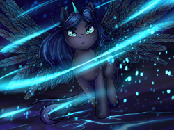 Size: 2732x2048 | Tagged: safe, artist:iimd, oc, oc only, oc:nyx, alicorn, pony, blue fire, epic, fire, horn, inferno, majestic, spread wings, wings