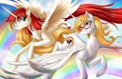 Size: 5100x3300 | Tagged: safe, artist:jadedjynx, oc, oc only, oc:bonniecorn, oc:fausticorn, alicorn, pony, alicorn oc, duo, duo female, female, horn, mare, rainbow, spread wings, wings