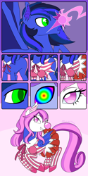 Size: 1500x3000 | Tagged: safe, artist:tf-circus, oc, oc only, oc:guard cobalt flash, pony, clothes, clown, comic, dress, face paint, hat, hypno eyes, hypnosis, mind control, smiling, solo, transformation