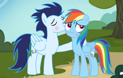 Size: 1280x820 | Tagged: safe, artist:soarindasher10, rainbow dash, soarin', pegasus, pony, g4, cheek kiss, female, kissing, male, mare, ship:soarindash, shipping, stallion, straight