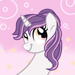 Size: 1280x1280 | Tagged: safe, anonymous artist, oc, oc only, oc:sweetieck dreams, pony, unicorn, g4, butt, cute, eyelashes, female, foal, horn, not sweetie belle, orange eyes, simple background, smiling, solo, two toned mane, unicorn horn