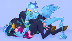 Size: 2416x1405 | Tagged: safe, artist:bean-muffin, oc, oc only, oc:hearth taxel, oc:parcly taxel, alicorn, chimera, dullahan, genie, genie pony, pony, anthro, unguligrade anthro, ain't never had friends like us, albumin flask, alicorn oc, black sclera, blue background, blue fire, bottle, bracelet, cloven hooves, collar, commission, detachable head, disembodied head, ear piercing, earring, eye contact, female, fire, furry, furry oc, headless, horn, horn ring, hug, jewelry, looking at each other, looking at someone, male, mare, modular, non-mlp oc, nose piercing, nose ring, one eye closed, one wing out, piercing, ring, simple background, slit pupils, smiling, waistband, wings, wink