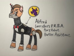 Size: 4032x3024 | Tagged: safe, artist:dylanwayneburk, oc, oc:alfred the pony robot bulter assistant, pony, robot, robot pony, series:the veggieponytales show, g4, my little pony: friendship is magic, butler, crossover, design, larryboy, male, simple background, solo, superhero, traditional art, veggietales