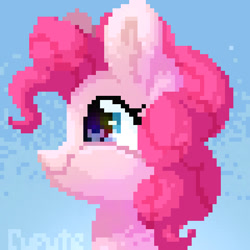 Size: 480x480 | Tagged: safe, artist:cupute, pinkie pie, earth pony, pony, g4, big ears, bust, curly hair, curly mane, cute, diapinkes, digital art, ears up, female, looking to the left, mare, pink body, pink mane, pixel art, portrait, shading, shiny, solo, watermark