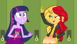 Size: 1268x721 | Tagged: safe, artist:lazzy_bunny, edit, edited screencap, screencap, sunset shimmer, twilight sparkle, human, equestria girls, g4, duo, duo female, female, slender, thin