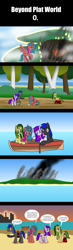 Size: 1200x4128 | Tagged: safe, artist:platinumdrop, oc, oc only, oc:diegoo, oc:super zap, oc:sweetie snail, oc:yellow pine, comic:beyond plat world, beach, birch tree, boat, city, clothes, crying, dialogue, fire, flying, forest, gem, island, map, nature, ocean, pointing, sad, smoke, socks, speech bubble, sunset, tree, water