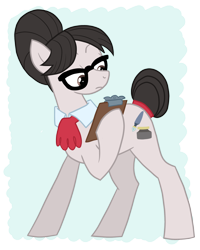 Size: 1900x2372 | Tagged: safe, artist:queertrixie, writing desk, g4, clipboard, collar, female, glasses, mare, simple background, solo, solo female