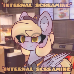 Size: 1920x1920 | Tagged: safe, artist:sodapop sprays, part of a set, derpy hooves, pegasus, pony, series:derpy can't catch a break, g4, clothes, dead inside, eye clipping through hair, hat, internal screaming, mcdonald's, meme, part of a series, solo