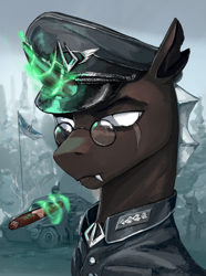 Size: 2028x2730 | Tagged: safe, artist:kelkessel, oc, oc only, oc:zellix farrax, changeling, equestria at war mod, armored car, background, bust, cigar, clothes, flag, glasses, gun, hat, magic, medal, portrait, rifle, scar, smoking, uniform, weapon