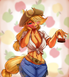 Size: 1780x2000 | Tagged: safe, artist:shamziwhite, applejack, anthro, g4, abs, alcohol, bedroom eyes, big breasts, blushing, breasts, cleavage, clothes, cowboy hat, cowboy outfit, denim, drink, drunk, female, front knot midriff, glass, hand on face, hat, jeans, long hair, looking at you, midriff, muscles, muscular female, my little pony, pants, shirt