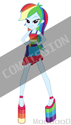 Size: 2000x3500 | Tagged: safe, artist:moogood, rainbow dash, human, equestria girls, g4, bare shoulders, bedroom eyes, belt, clothes, cocktail dress, dress, fall formal outfits, female, hand on hip, high heels, high res, impossibly large heels, looking at you, multicolored hair, obtrusive watermark, platform heels, platform shoes, rainbow dress, rainbow hair, seductive look, shoes, signature, simple background, sleeveless, sleeveless dress, smiling, smiling at you, solo, spread legs, spreading, standing, transparent background, vector, watermark, wedge heel