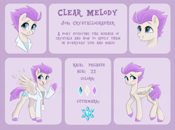 Size: 3500x2600 | Tagged: safe, artist:scheadar, oc, oc only, oc:clear melody, pegasus, pony, fanfic:the eternity project, g4, access card, blushing, clothes, commission, commissioner:santander, fanfic art, grin, hiding behind tail, hoof polish, lab coat, pegasus oc, reference sheet, smiling, solo, spread wings, text, waving, waving at you, wings