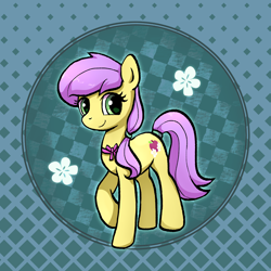 Size: 3000x3000 | Tagged: safe, artist:brella, oc, oc only, oc:plum blossoms, earth pony, pony, bow, bowtie, earth pony oc, female, grid background, hair bow, looking at you, mare, raised hoof, smiling, smiling at you, solo, tail, tail wrap