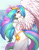 Size: 1025x1300 | Tagged: safe, artist:a_blue_deer, princess celestia, alicorn, anthro, unguligrade anthro, g4, clothes, crown, dress, female, jewelry, looking back, mare, regalia, smiling, solo