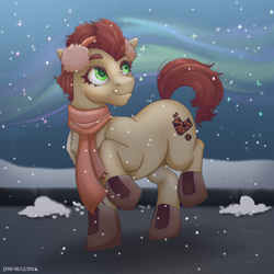 Size: 4134x4134 | Tagged: safe, artist:jjsh, oc, oc only, earth pony, pony, chest fluff, clothes, cute, earmuffs, female, fluffy, high res, looking up, mare, raised hoof, scarf, shoes, snow, snowfall, solo, stars, walking, winter