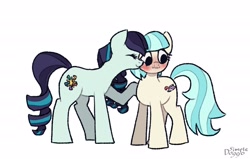 Size: 2545x1619 | Tagged: safe, artist:simpledoggo, coco pommel, coloratura, earth pony, pony, blushing, cheek kiss, cute, duo, duo female, eyes closed, female, kissing, lesbian, mare, ship:cocotura, shipping, simple background, white background