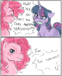 Size: 1080x1315 | Tagged: safe, artist:starsbursts, pinkie pie, twilight sparkle, alicorn, earth pony, pony, g4, 2 panel comic, annoyed, comic, duo, duo female, eyes closed, faic, female, g3 faic, mare, meme, open mouth, suddenly hoers, too serious, twilight sparkle (alicorn)