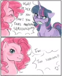 Size: 1080x1315 | Tagged: safe, artist:starsbursts, pinkie pie, twilight sparkle, alicorn, earth pony, pony, g4, 2 panel comic, annoyed, comic, duo, duo female, eyes closed, faic, female, g3 faic, mare, meme, open mouth, pinkie's silly face, suddenly hoers, too serious, twilight sparkle (alicorn)