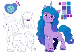 Size: 4132x2919 | Tagged: safe, artist:l211art, izzy moonbow, pony, unicorn, series:mym ref set, g5, my little pony: make your mark, bracelet, cutie mark, female, friendship bracelet, horn, jewelry, looking at you, mare, reference sheet, simple background, smiling, smiling at you, white background