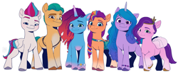 Size: 5351x2213 | Tagged: safe, artist:l211art, hitch trailblazer, izzy moonbow, misty brightdawn, pipp petals, sunny starscout, zipp storm, pegasus, pony, unicorn, g5, bracelet, friendship bracelet, horn, jewelry, mane five, mane six (g5), pipp is short, simple background, smiling, white background