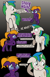 Size: 1920x2948 | Tagged: safe, artist:alexdti, oc, oc only, oc:purple creativity, oc:star logic, pegasus, pony, unicorn, comic:quest for friendship retold, blushing, horn, male, stallion