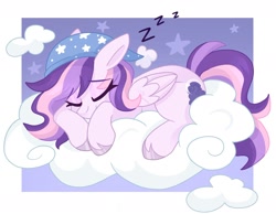 Size: 2024x1567 | Tagged: safe, artist:cinnamontee, oc, pegasus, pony, cloud, female, hat, lying down, mare, nightcap, prone, sleeping, solo