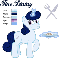 Size: 2779x2758 | Tagged: safe, artist:sollace, derpibooru exclusive, oc, oc only, oc:fine dining, unicorn, .svg available, cutie mark, freckles, horn, looking back, magic, raised leg, reference sheet, serving tray, simple background, smiling, solo, transparent background, vector