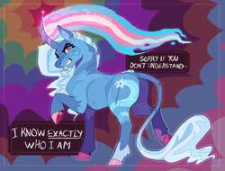 Size: 2048x1559 | Tagged: safe, artist:flowerygarrland, trixie, unicorn, curved horn, facial hair, goatee, horn, leonine tail, pride, pride flag, solo, tail, trans trixie, transgender, transgender pride flag