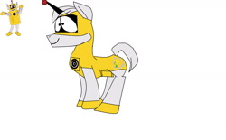 Size: 1280x794 | Tagged: safe, artist:heatherthetoodeefan, pony, robot, robot pony, unicorn, g4, closed mouth, fanart, horn, logo, male, nick jr., nickelodeon, plex, ponified, rule 85, simple background, smiling, solo, stallion, white background, yo gabba gabba!