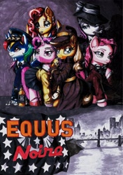 Size: 2448x3480 | Tagged: safe, applejack, fluttershy, pinkie pie, rainbow dash, rarity, twilight sparkle, g4, 1940s, 1950s, cigarette, city, copic, crossover, dark background, detective, equus noire, fanart, fanfic art, handmade, mane six, markers, noir, paper, traditional art, vintage