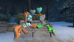 Size: 3840x2160 | Tagged: safe, artist:blitzythepony, oc, oc only, oc:blitzythepony, oc:littlepip, pegasus, pony, unicorn, fallout equestria, 3d, balloon, bench, bow, clothes, couple, day of defeat, eyes closed, female, female oc, glasses, gmod, hair bow, happy, headphones, heart, heart balloon, horn, lesbian, outdoors, pegasus oc, ship:littleblit, shipping, snow, socks, striped socks, tree, unicorn oc