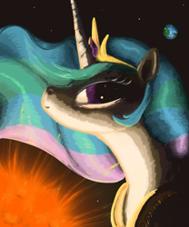 Size: 2500x3000 | Tagged: safe, artist:rapt, princess celestia, alicorn, pony, g4, bust, dramatic lighting, female, mare, portrait, solo, space, stars, sun