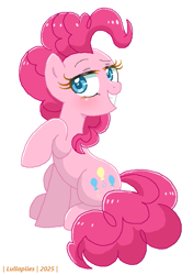 Size: 579x823 | Tagged: safe, artist:lullapiies, pinkie pie, earth pony, pony, g4, raised hoof, simple background, sitting, smiling, solo, white background