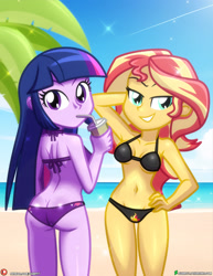 Size: 1500x1942 | Tagged: safe, artist:dieart77, sunset shimmer, twilight sparkle, human, equestria girls, g4, arm behind head, beach, bikini, breasts, clothes, drink, drinking, drinking straw, looking at you, looking back, smiling, smiling at you, sunset shimmer's beach shorts swimsuit, swimsuit