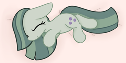 Size: 1862x935 | Tagged: safe, artist:violavaquita, marble pie, earth pony, pony, g4, bed, eyes closed, female, lying down, mare, prone, sleeping, smiling, solo