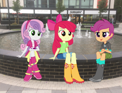 Size: 1146x877 | Tagged: safe, artist:yungstuff, apple bloom, scootaloo, sweetie belle, human, equestria girls, g4, my little pony equestria girls: friendship games, adorabloom, apple bloom's bow, bar, bicycle, bow, city, clothes, cute, cutealoo, cutie mark crusaders, cutie mark cuties, diasweetes, equestria girls in real life, fountain, hair bow, irl, irl human, outdoors, photo, sitting, subway (restaurant), tree