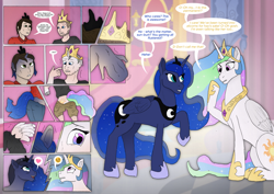 Size: 3401x2402 | Tagged: safe, artist:axiomtf, artist:tf-plaza, princess celestia, princess luna, oc, oc:axiom, alicorn, human, pony, g4, clothes, comic, crown, duo, emoji, ethereal mane, heart, high res, human oc, human to pony, indoors, jewelry, loose fitting clothes, male to female, oversized clothes, regalia, rule 63, transformation, transgender transformation