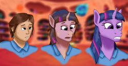 Size: 3447x1781 | Tagged: safe, artist:tf-plaza, twilight sparkle, human, unicorn, anthro, g4, bust, clothes, golden oaks library, high res, horn, human to anthro, indoors, portrait, surprised, transformation, transformation sequence