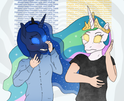 Size: 1816x1475 | Tagged: safe, alternate version, artist:axiomtf, artist:tf-plaza, princess celestia, princess luna, human, pony, g4, brainwashing, clothes, crown, duo, horn, human to pony, hypno eyes, hypnosis, jewelry, long hair, male to female, mental shift, mid-transformation, regalia, rule 63, transformation